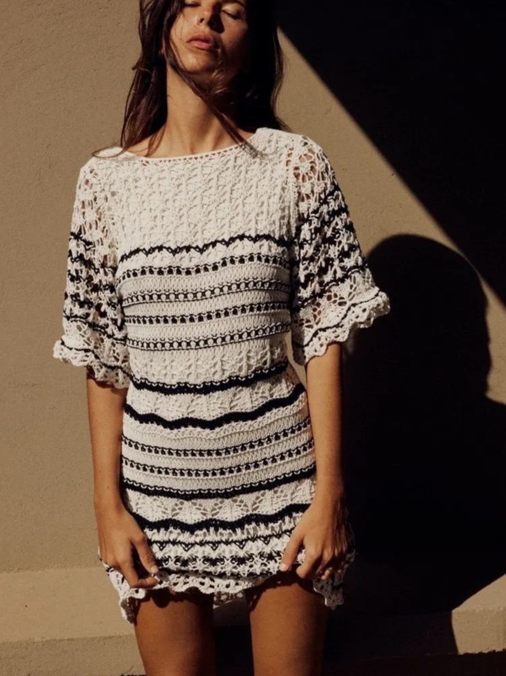 Zara White & Black Crochet Mini Dress